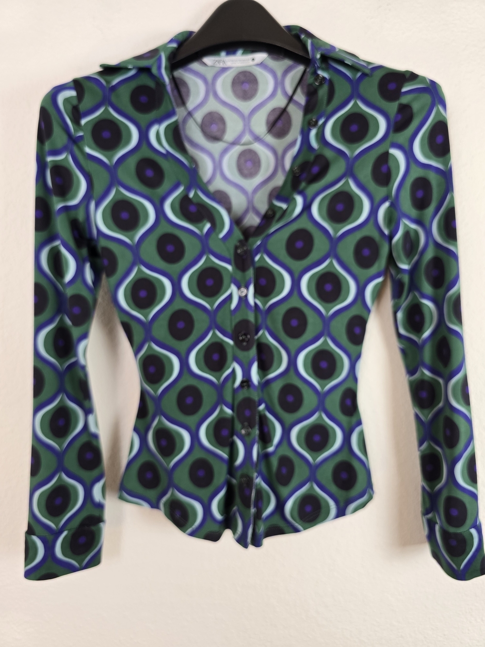Zara Retro Geometric Print Fitted Button-Up Shirt Green Purple XS